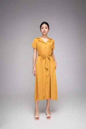 Đầm Vải SUEDE Satin Cổ Vest Nút Bọc