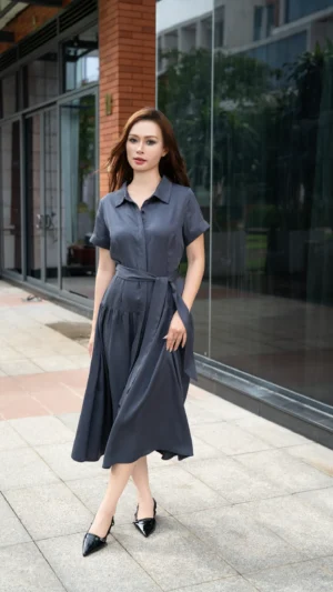 Đầm TENCEL Xám Cổ Sơ Mi Dây Cột Eo