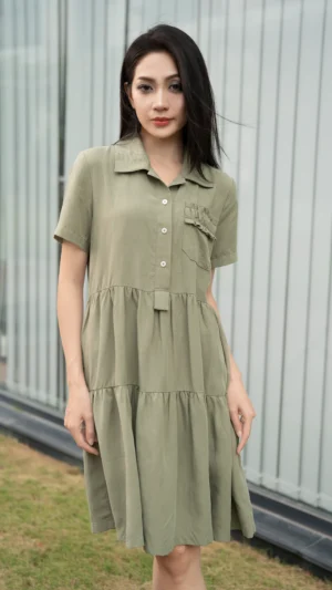 Đầm Sơ Mi Vải TENCEL LINEN Xanh Lá Túi Trang Trí Bèo