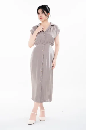 ĐẦM VISCOSE ORGANZA Xám Cổ Vest Tay Liền Dây Cột Eo
