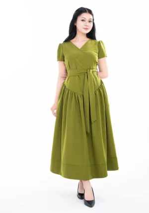 Đầm Xanh Lá Cổ Đắp Chéo Tùng Váy Xoè